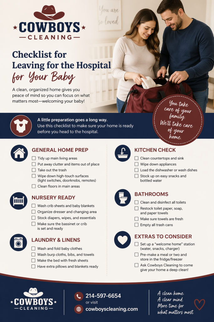 Checklist for leaving for the hospital for a baby making sure house items are ready