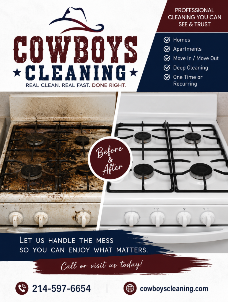 COWBOYS FLYER BEFORE AND AFTER CLEANING OF STOVE