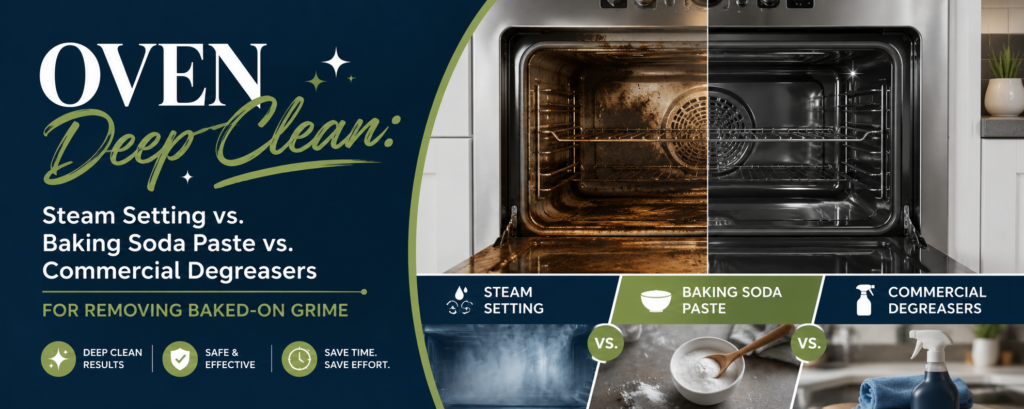 Oven Deep Clean: Steam Setting vs. Baking Soda Paste vs. Commercial Degreasers for Removing Baked-On Grime 1 affordable house cleaning Prosper