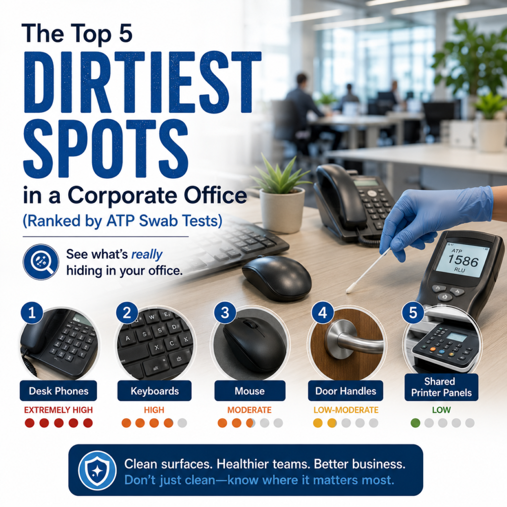 The Top 5 Dirtiest Spots in a Corporate Office (Ranked by ATP Swab Tests) 1 Top 5 Dirtiest Spots in a Corporate Office