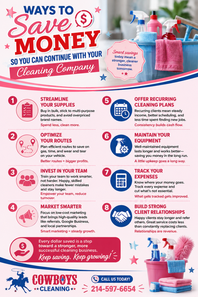 COWBOYS FLYER ways to save money so you can continue with your cleaning company